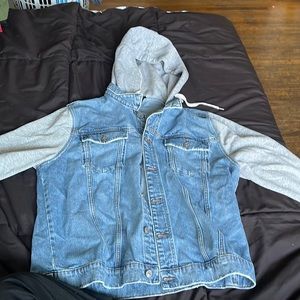 Jean jacket with gray hood